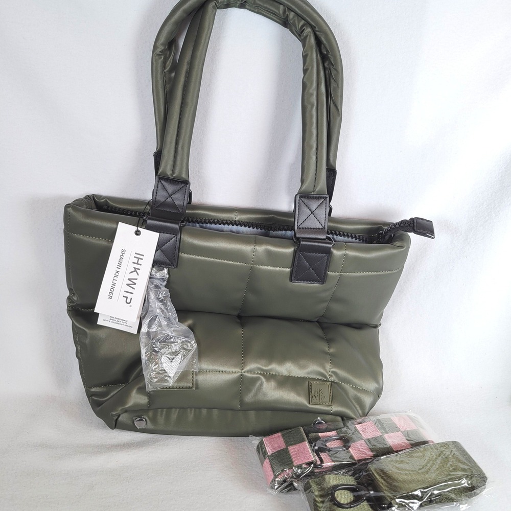 IHKWIP Womens Checkmate Shoulder Tote Padded Quilted Puffer Bag Size M Green